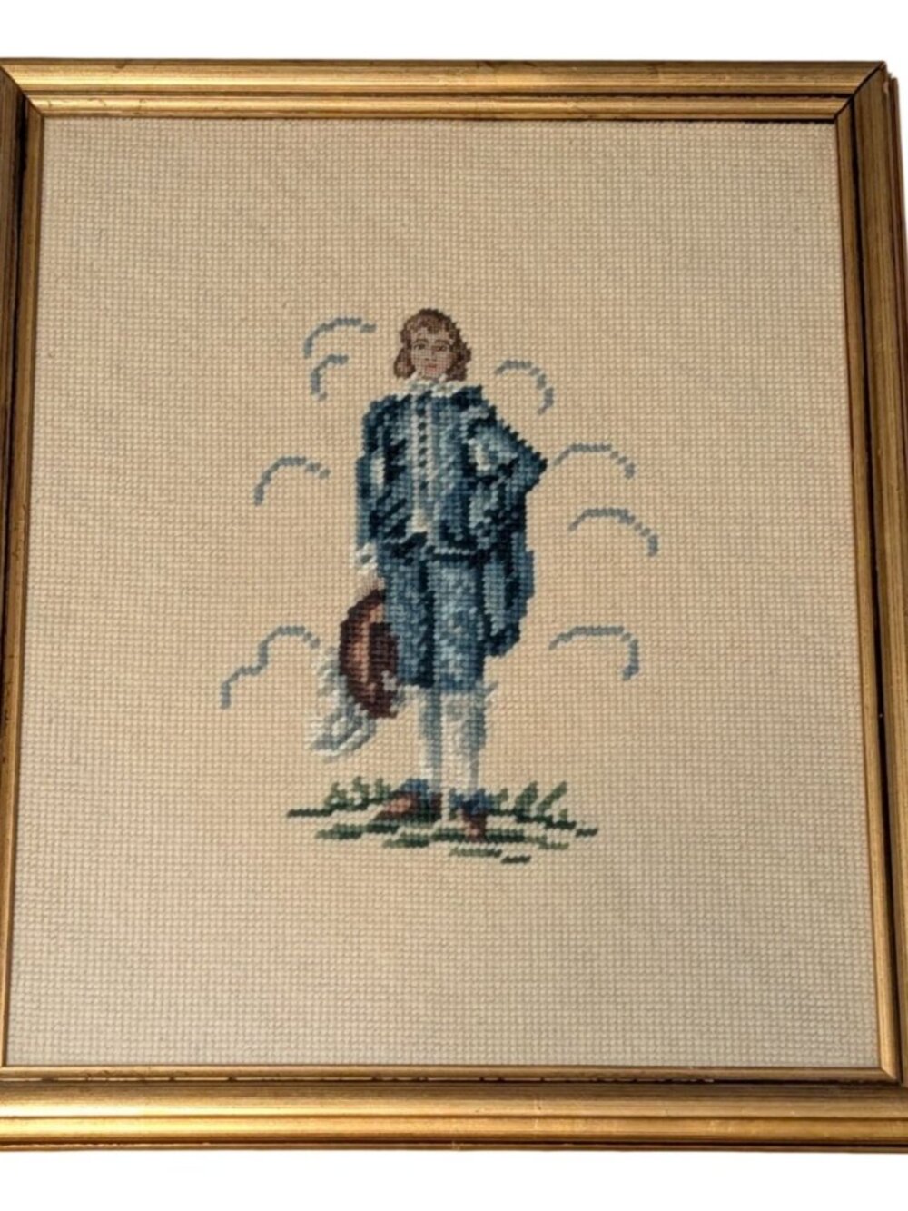 Framed Needlepoint Art "Pinkie & Blue Boy" Petit Point Embroidery Colonial Gold - Picture 16 of 16